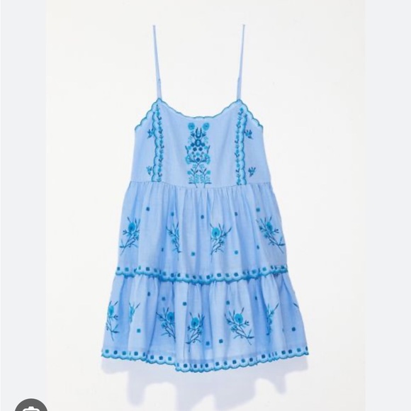 Urban Outfitters UO Blue Hanna flower Embroidered Scalloped Babydoll Mini Dress - Picture 16 of 16